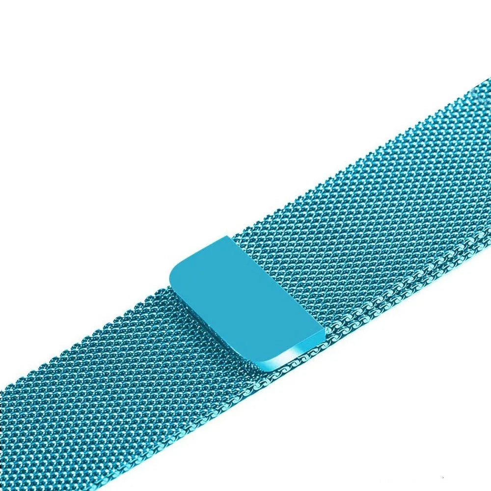 Stainless steel Apple Watch replacement strap in silver, showing metal links and clasp for 38mm-44mm models.