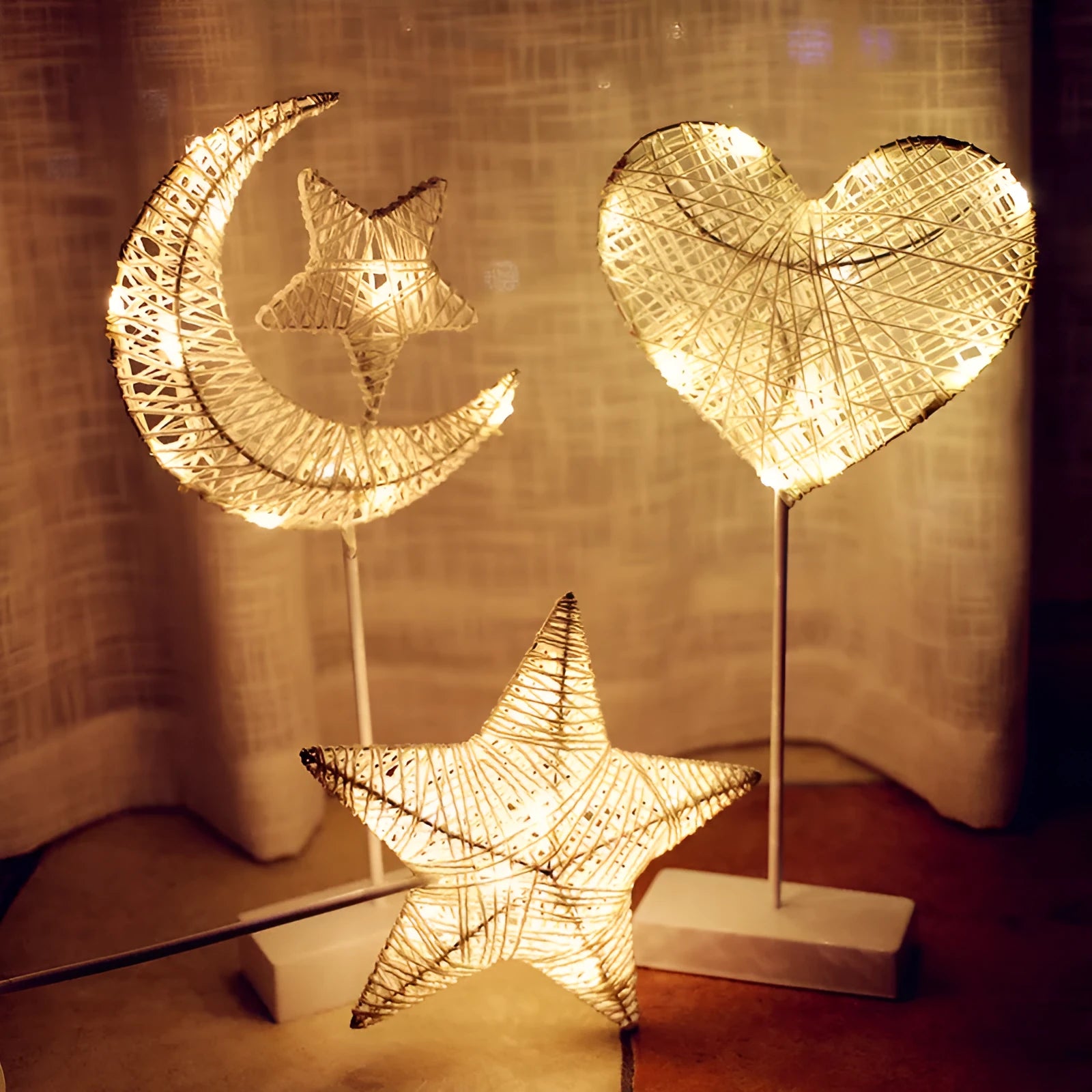Rattan LED table lamp in star, heart, or moon shape with copper wire framework for bedroom decoration