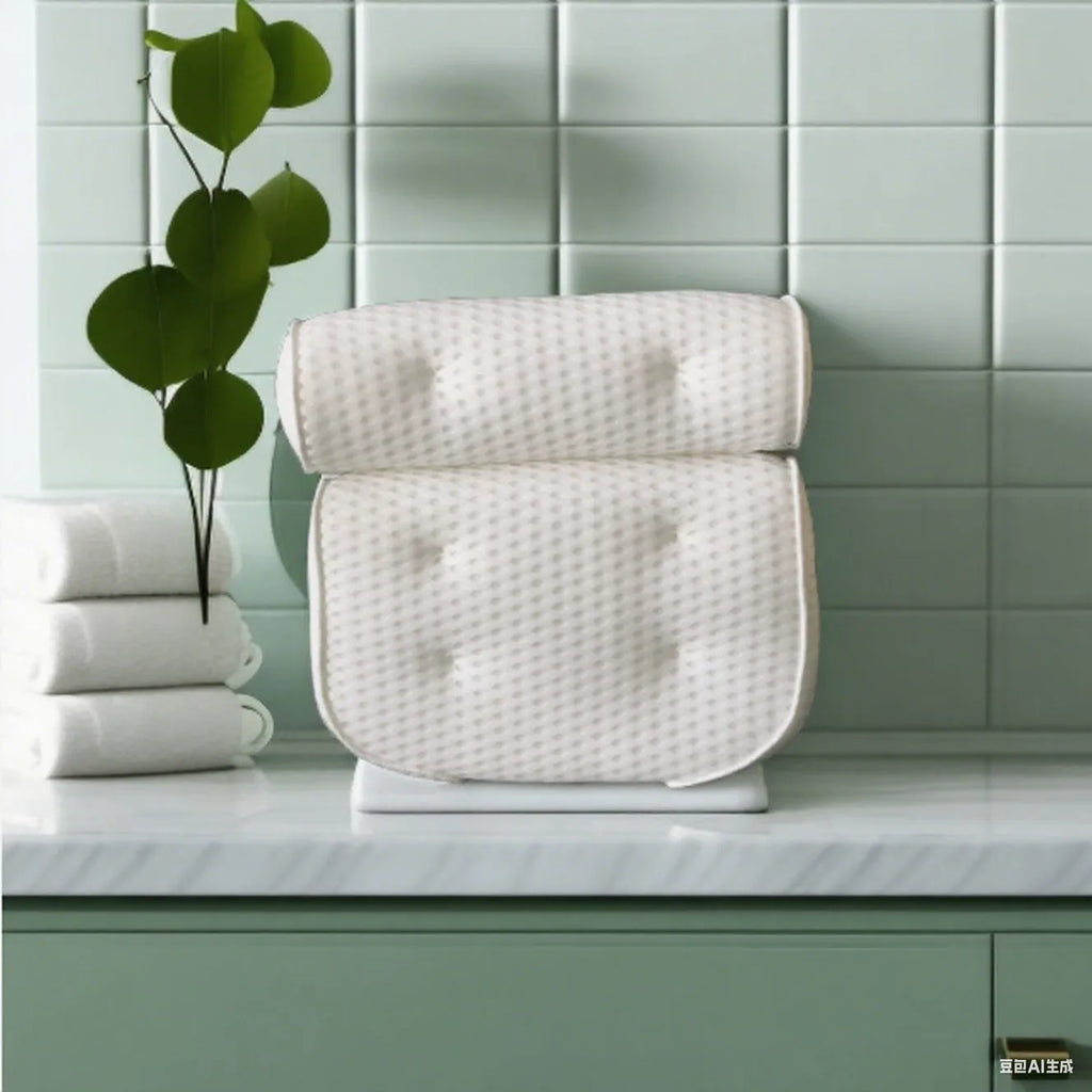 White bathtub pillow with suction cups on a 3D permeable surface, showing dimensions 37x34x10cm