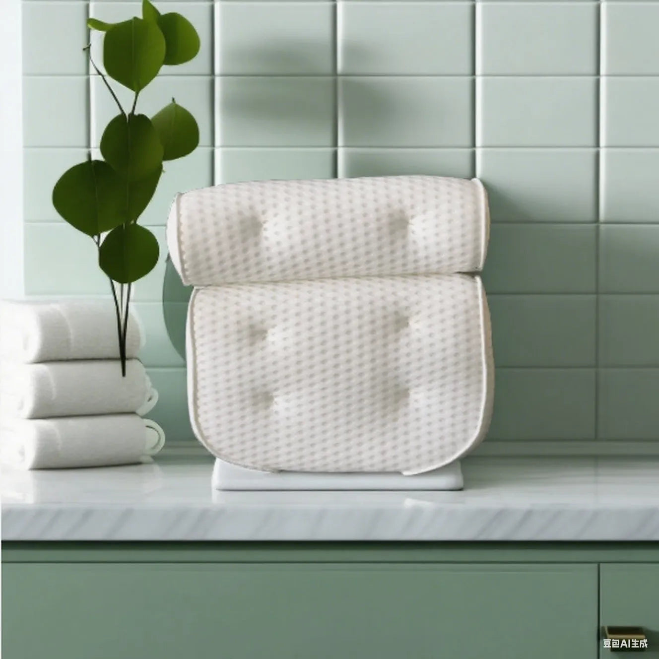 White bathtub pillow with suction cups on a 3D permeable surface, showing dimensions 37x34x10cm