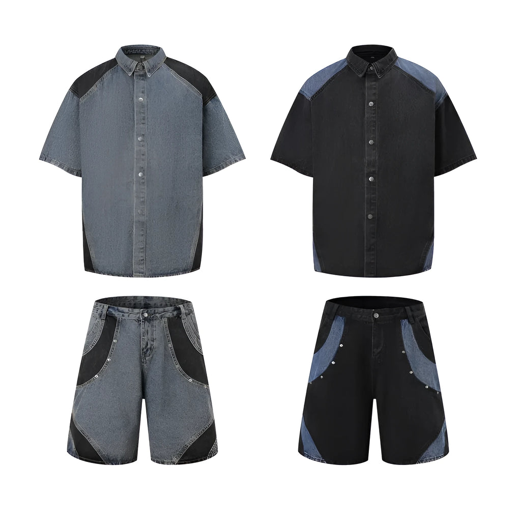 Retro washed denim suit for men with short-sleeve jacket and matching trousers