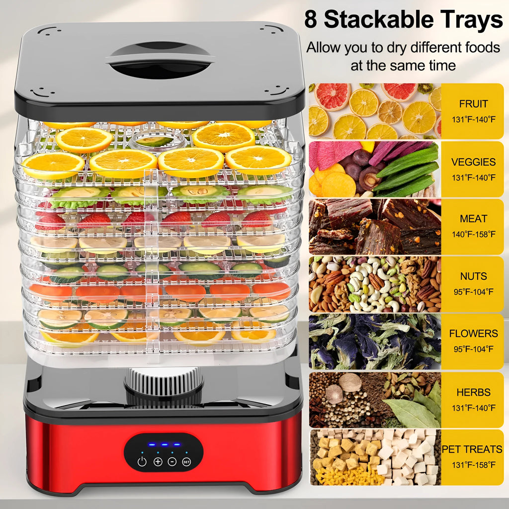 Silver household food dehydrator with eight stainless steel drying trays and digital control panel