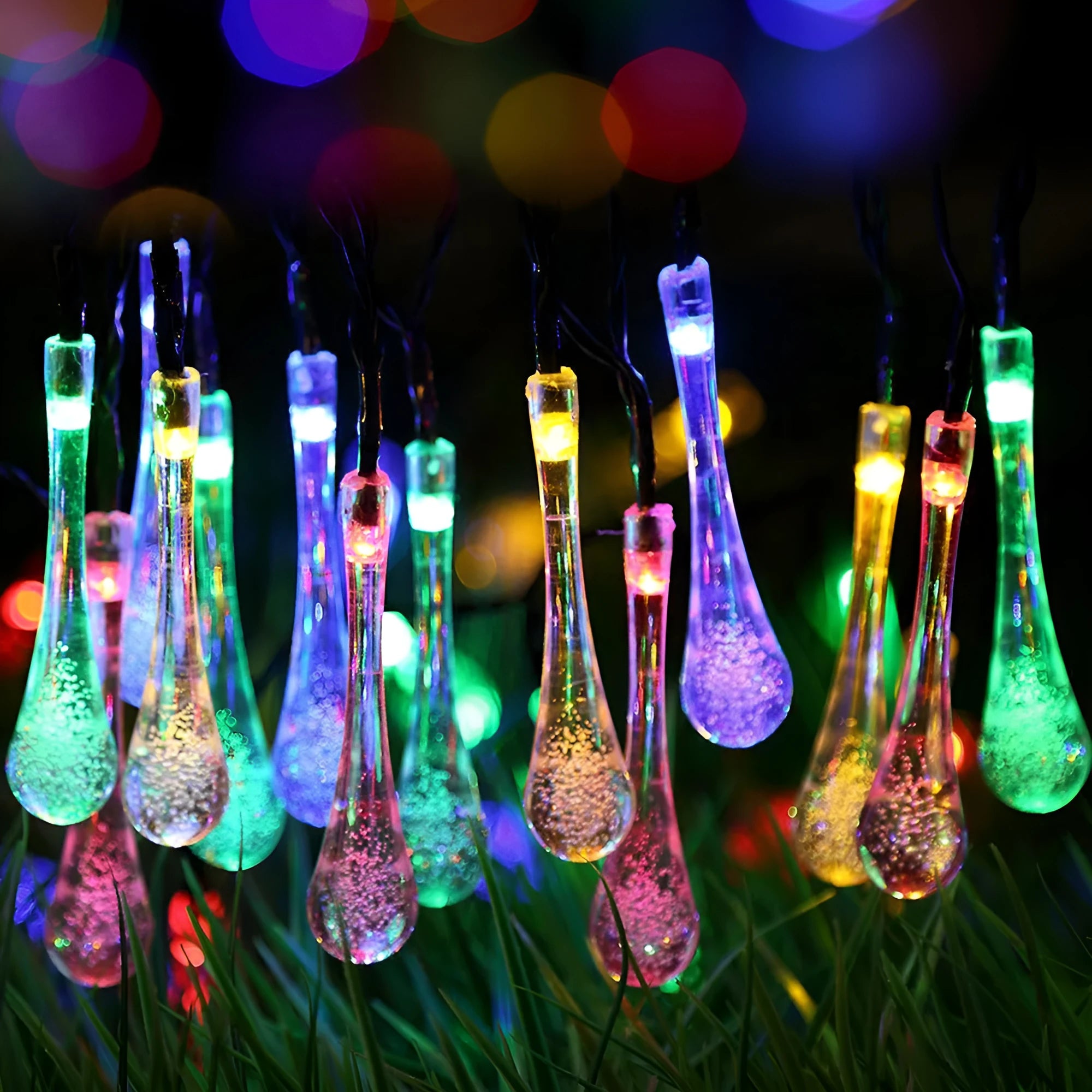 Solar-powered LED outdoor string lights with water drop pendants on a 6.5 metre cable