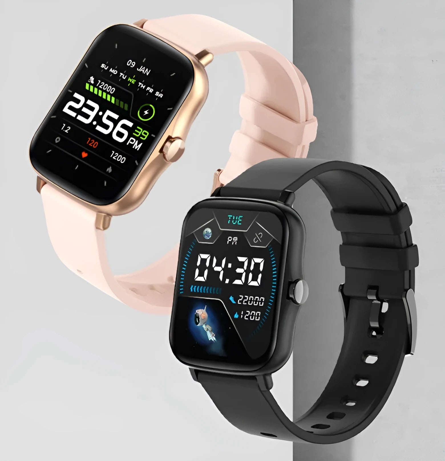 Smart watch with 1.7-inch colour touch screen on adjustable silicone strap in blue, black, or gold