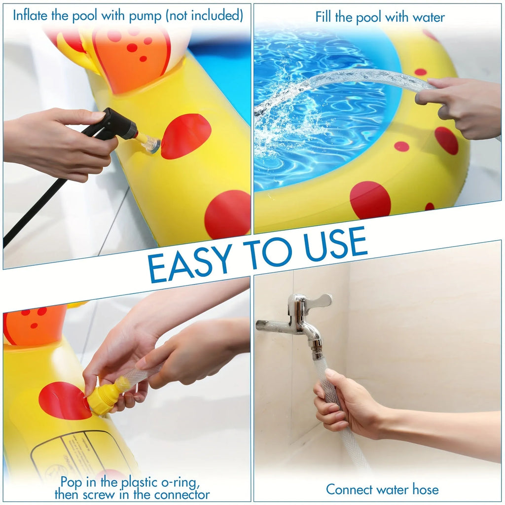 Blue dinosaur and shark inflatable water spray pool with spray feature in garden setting