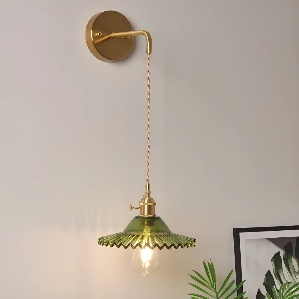 Retro brass lotus wall lamp with glass shade in six colour options
