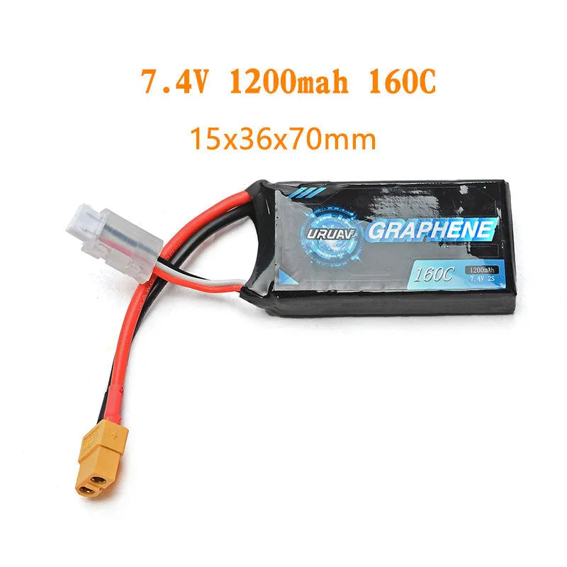 7.4V 1200mAh lithium polymer RC battery with dimensions 15mm by 36mm by 70mm.