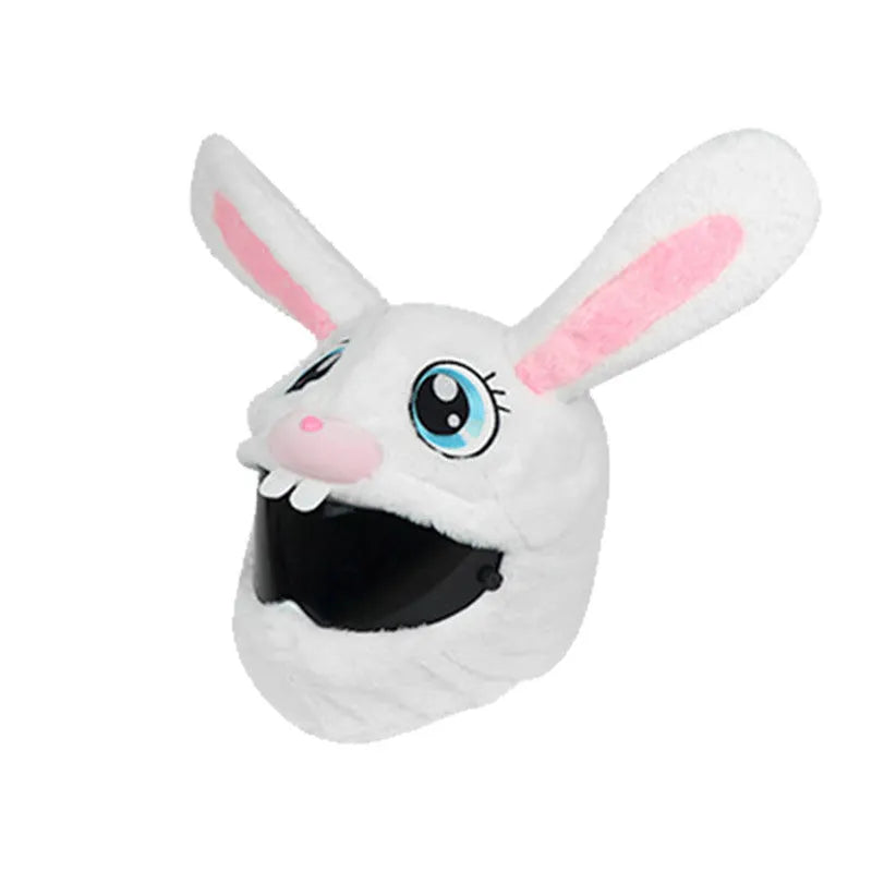White decorative rabbit head plush cover for an electric motorcycle helmet.