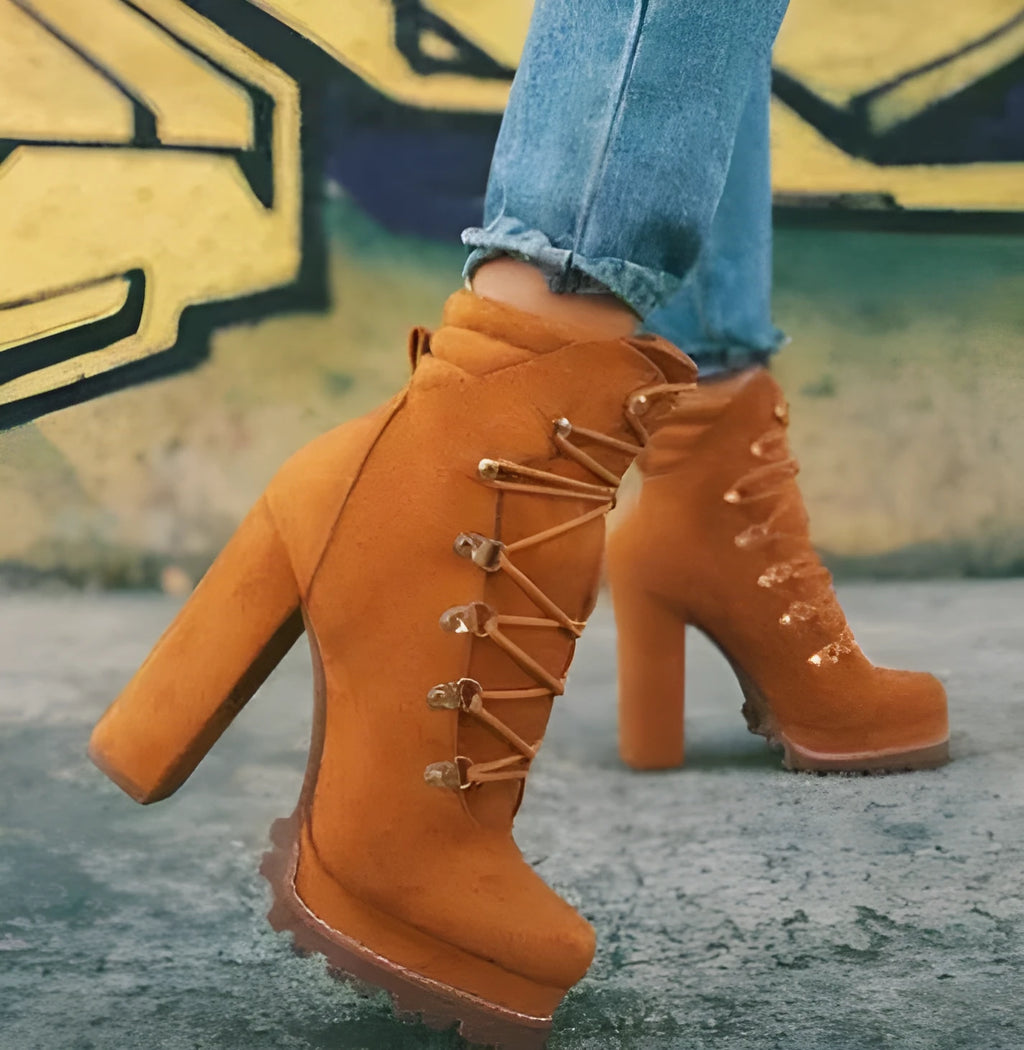 Women's suede high heel ankle boots in army green with thick heel, round toe, and decorative rivets.