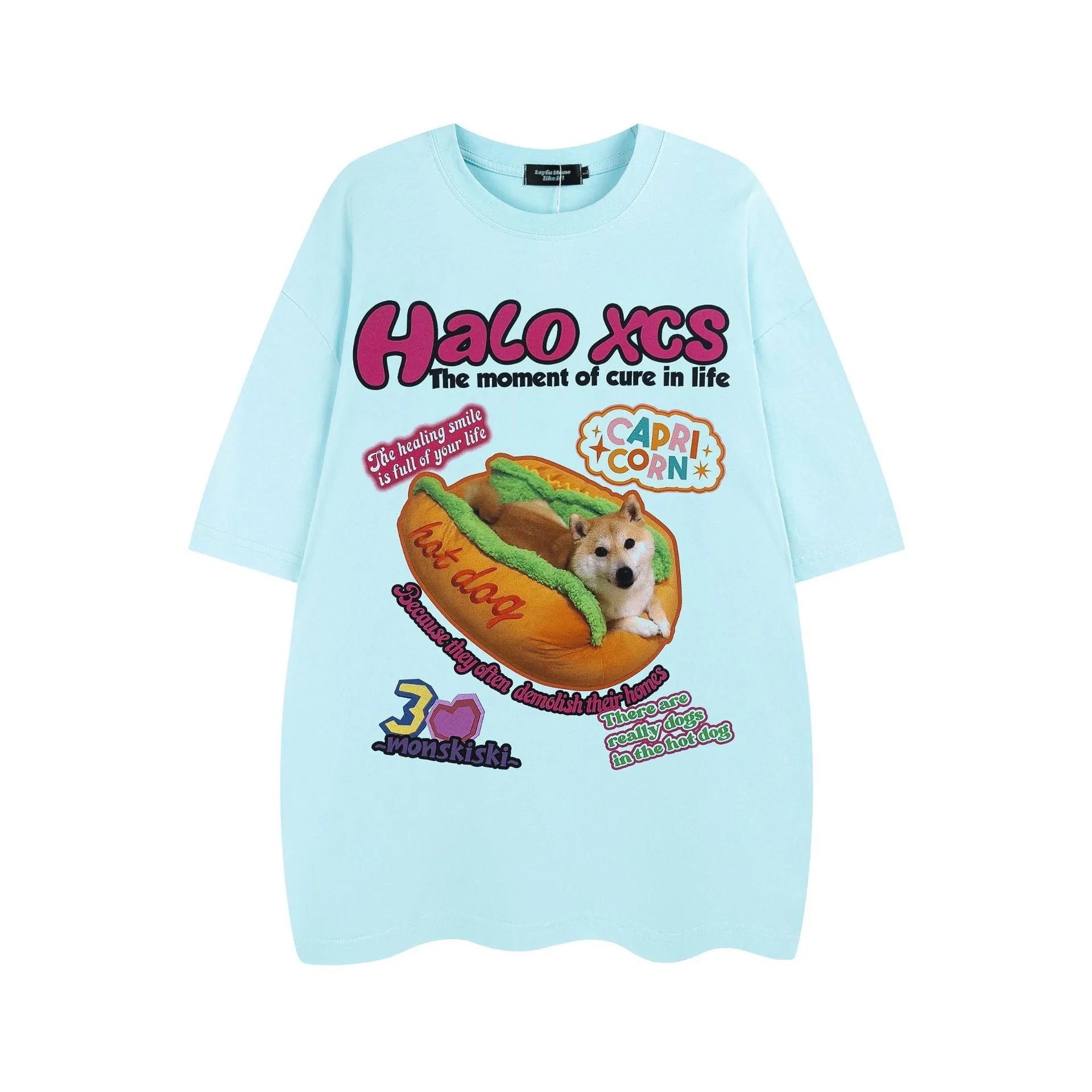Cotton cartoon hamburger dog printed T-shirt in loose fit with round neck collar