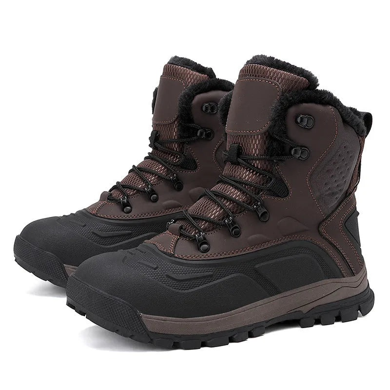 Men's black high-top lace-up boots with fleece lining, shown on a flat heel with a ribbed TPR sole.