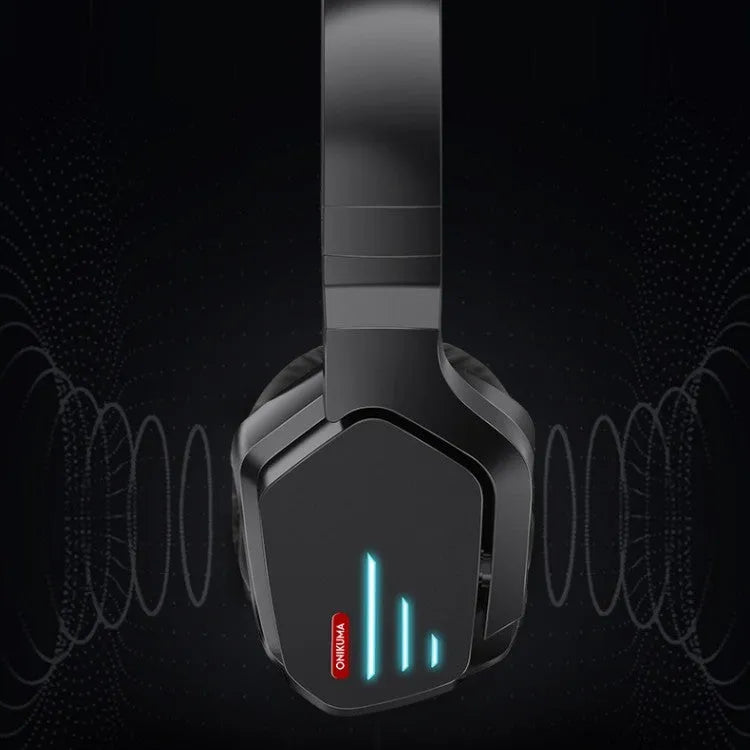 Luminous black wireless over-ear gaming headphones with adjustable headband showing ear cups and included 3.5mm cable