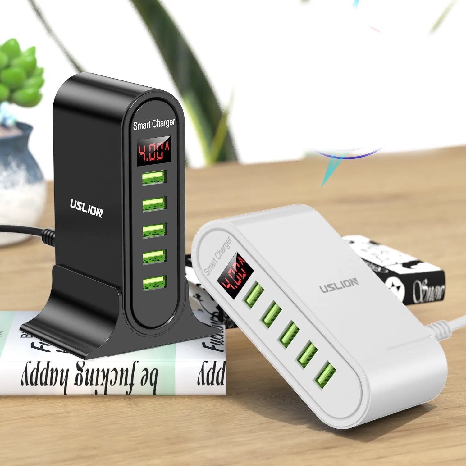 Black and white smart LED digital display USB charger with EU, UK, and US plug options