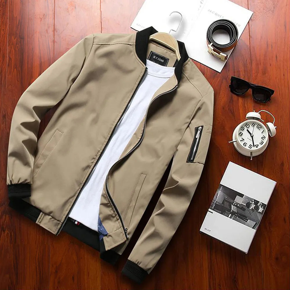 Men's slim fit casual jacket with zippered pockets in polyester blend material available in multiple colours