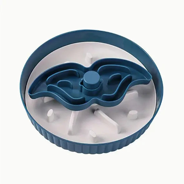 Interactive pet slow feeder bowl with a rotating design and a central, removable silicone licking mat.