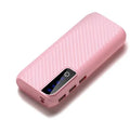 Compact black 20000mAh portable power bank with two USB ports showing size comparison to a smartphone.