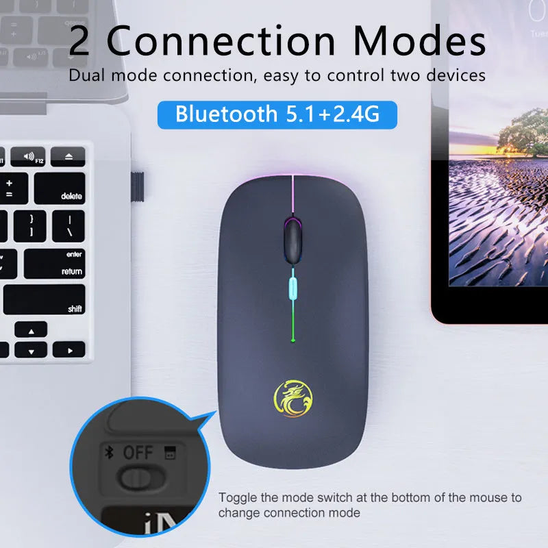 Black or white wireless mouse with dual-mode connectivity and silent clicking buttons