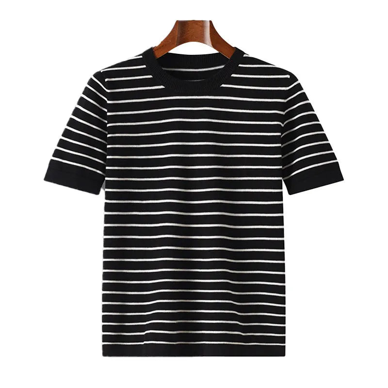 Men's pure cotton striped short sleeve t-shirt in black with round neck and thin fabric