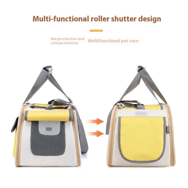 Foldable single shoulder pet backpack in black canvas with large capacity for cats and small dogs