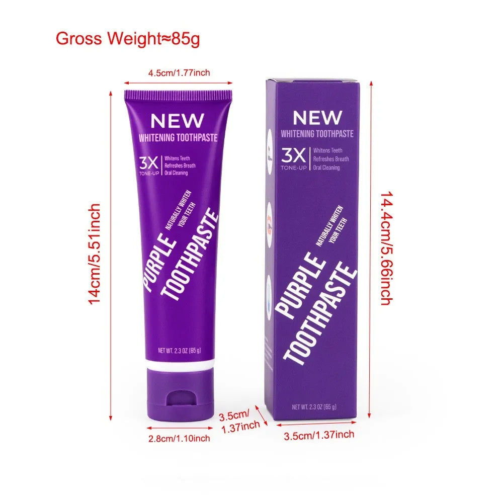 Purple whitening toothpaste tube for yellow stain removal in 120g and 65g sizes
