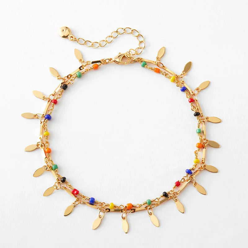 Beach layered retro copper plating 18K real gold anklet with ornament inlay for women