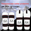 Taekwondo protective gear set showing arm guard, elbow arm guard, and leg protector made from black PU EVA foam.