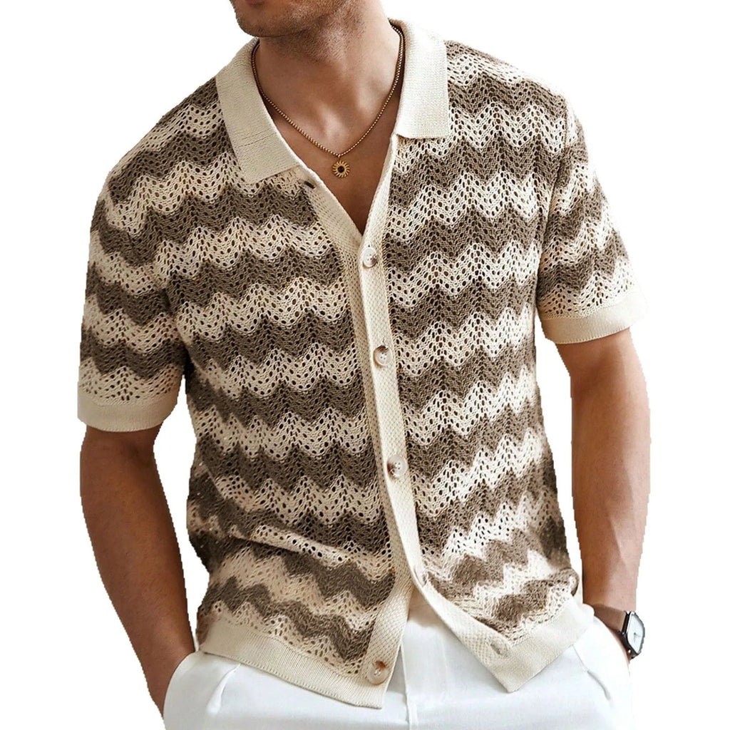 Yellow hollow jacquard corrugated short sleeve sweater with flocking detail on hanger