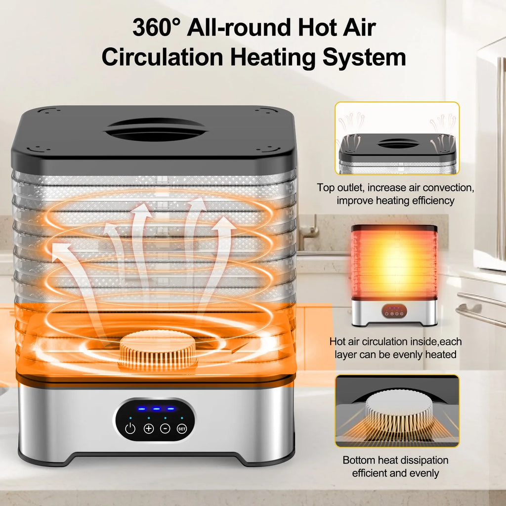 Silver household food dehydrator with eight stainless steel drying trays and digital control panel