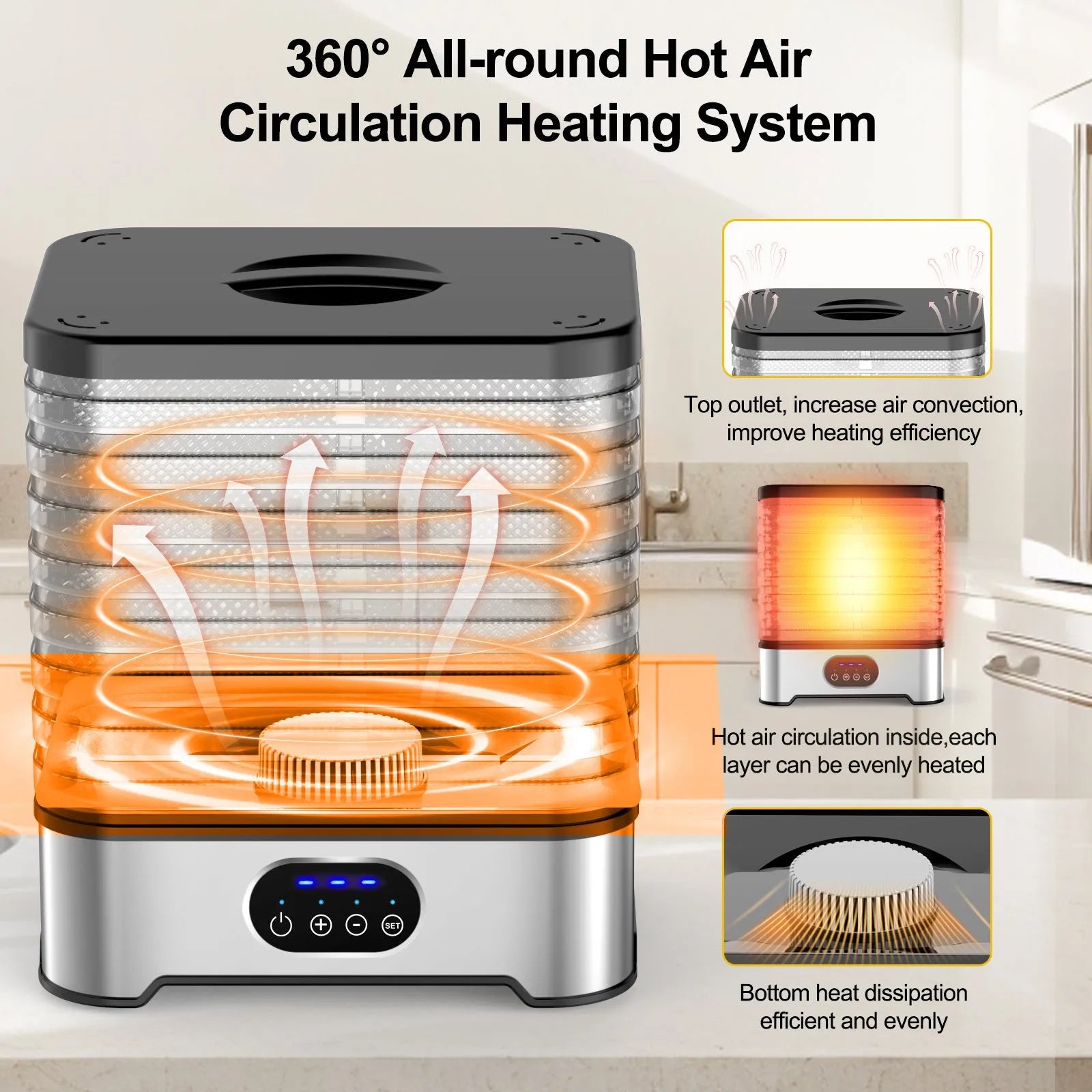 Silver household food dehydrator with eight stainless steel drying trays and digital control panel