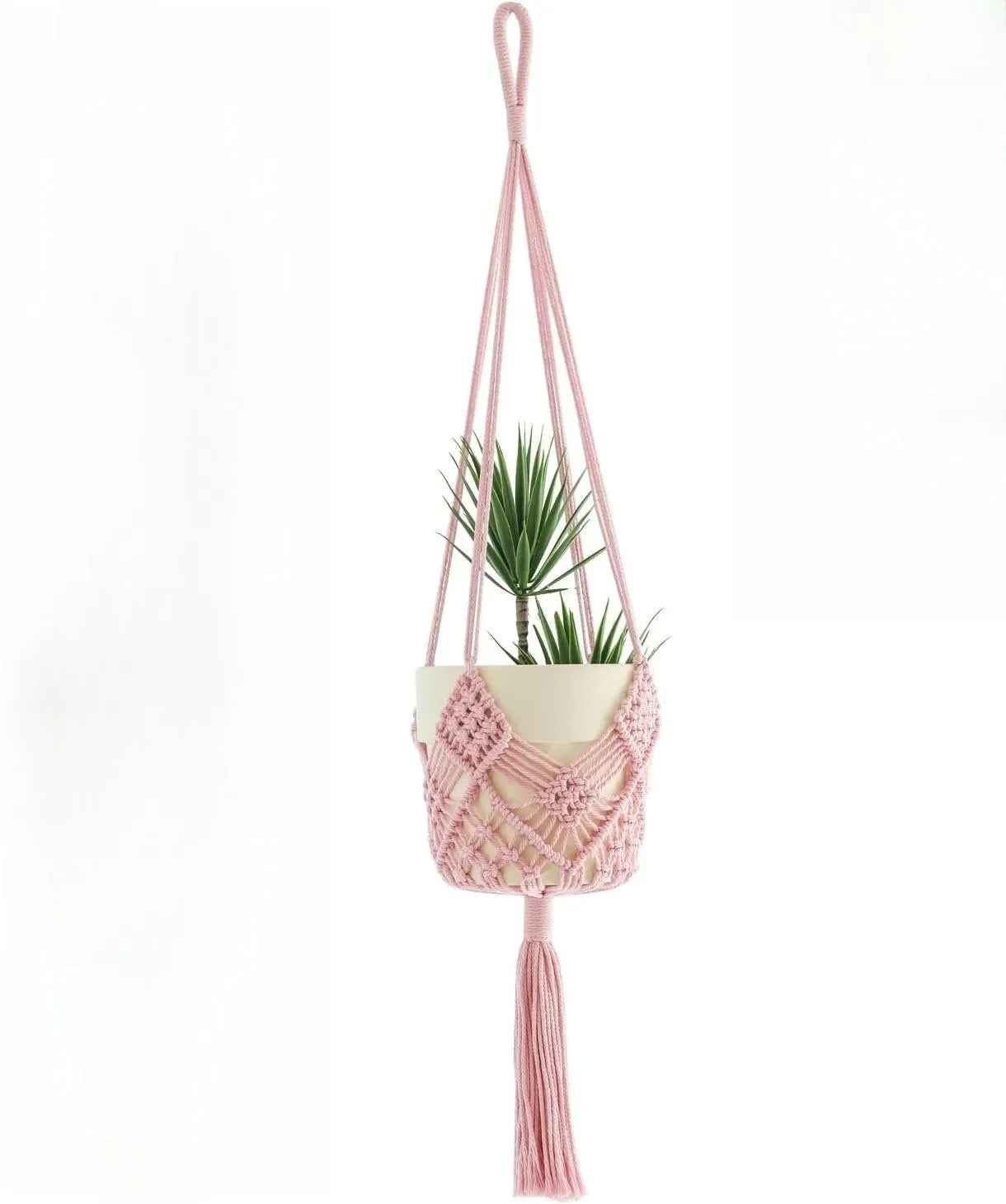 Hand-woven minimalist flower pot in raw cotton colour with an external net pocket for tools.