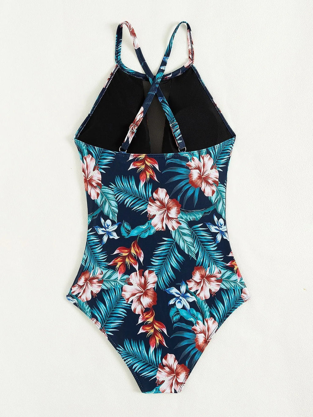 Women's deep V-neck one-piece swimsuit in polyester fabric with solid colour printing