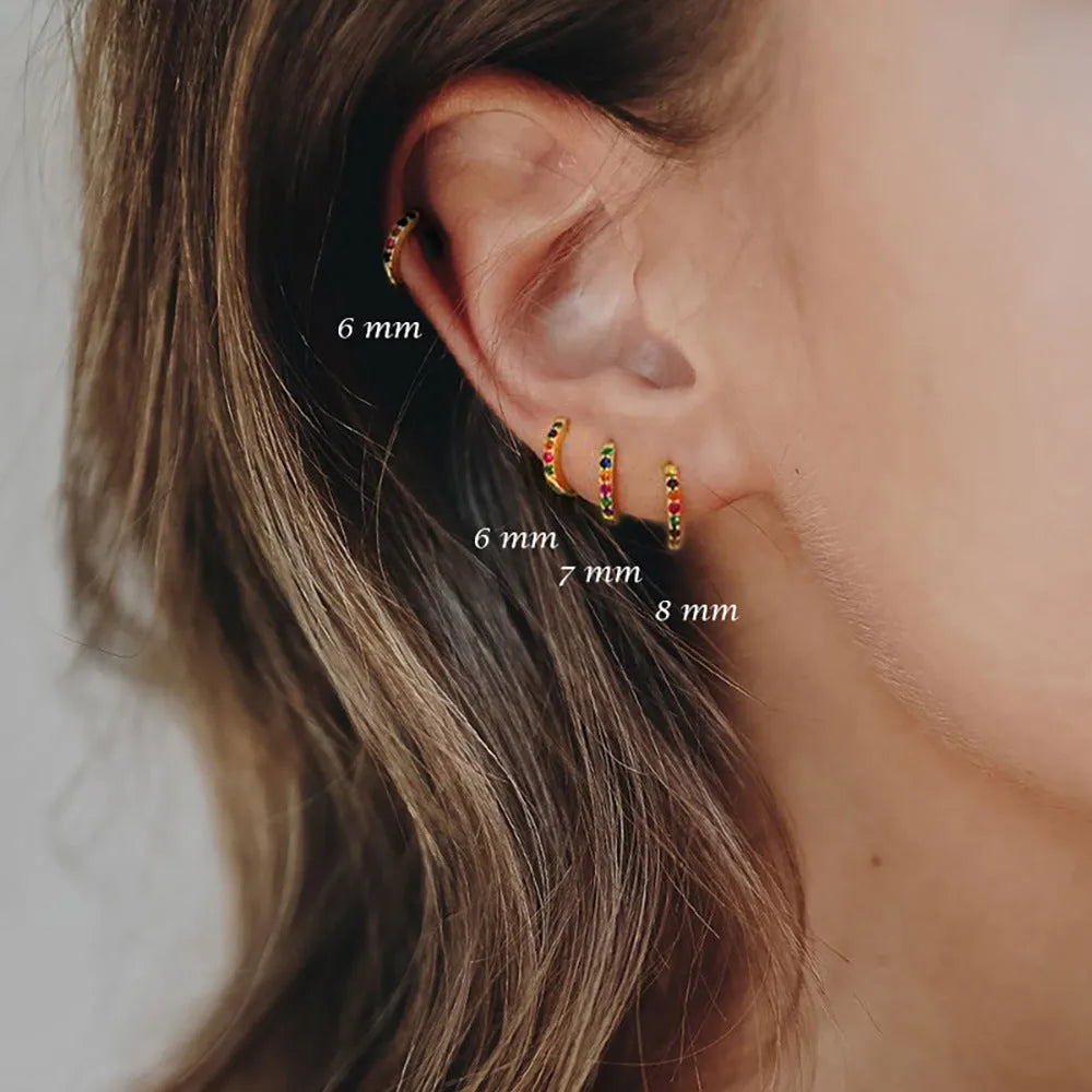 Gold, rose gold and silver geometric circle zircon stud earrings in sizes 5mm to 12mm.