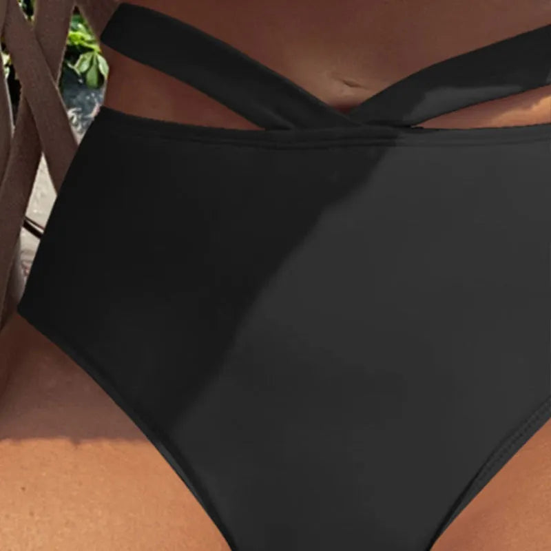 Women's one-shoulder high waist T-back swimsuit in solid colour showing hollow split detail