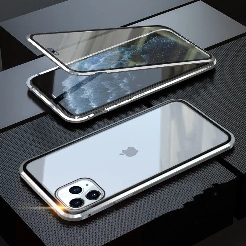 Geometric design aluminium clamshell phone case for iPhone with RFID blocking glass front in six colour options.