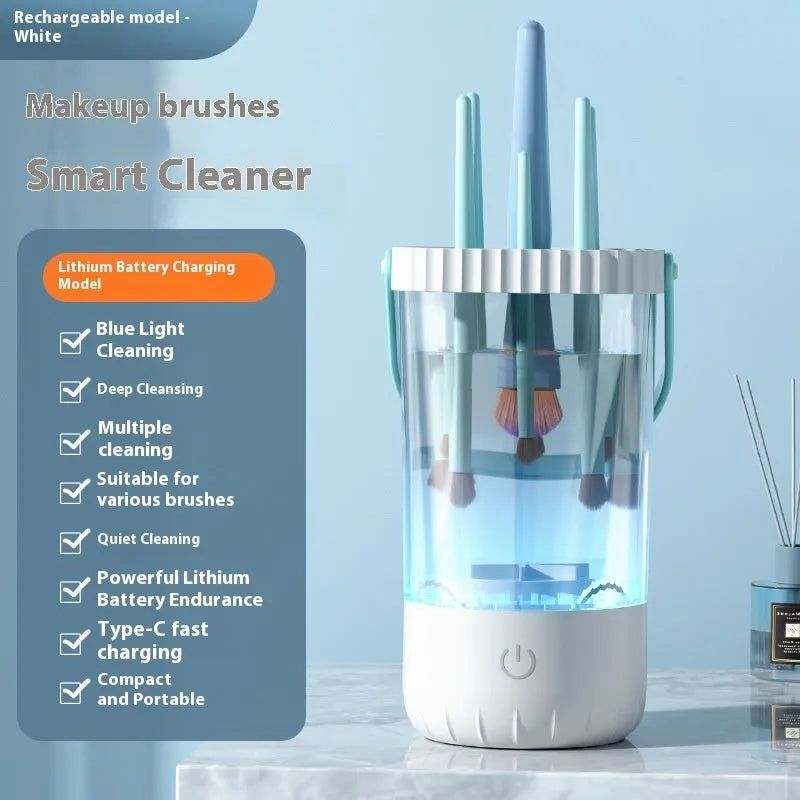 White plastic electric makeup brush cleaner with USB charging cable