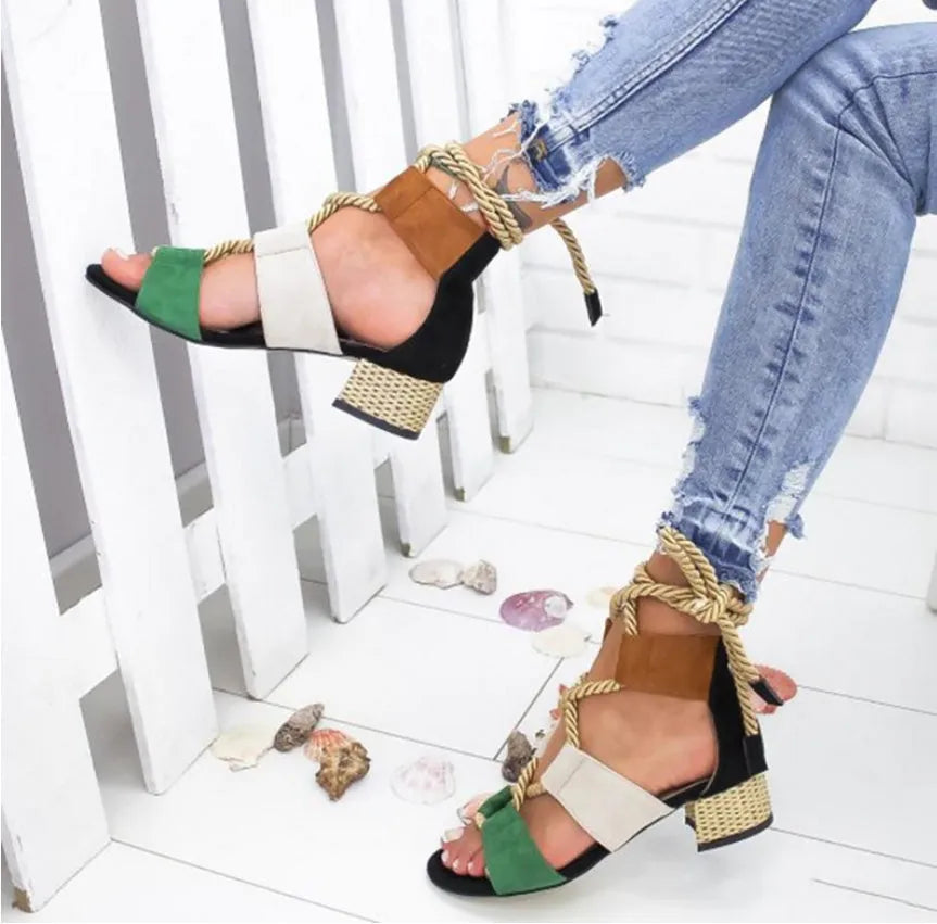Women's suede sandals with colour-matched thick heel and round toe front strap design