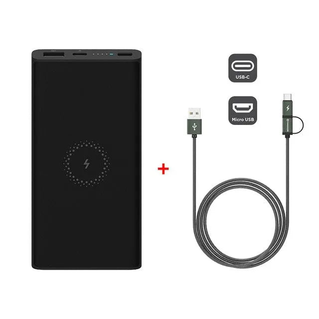 Black or white plastic 10000mAh power bank with wireless charging and USB Type-C port.
