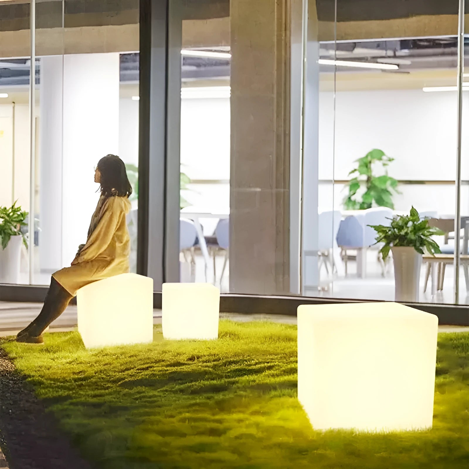 Modern LED cube light stool with waterproof IP65 rating for outdoor garden or patio use
