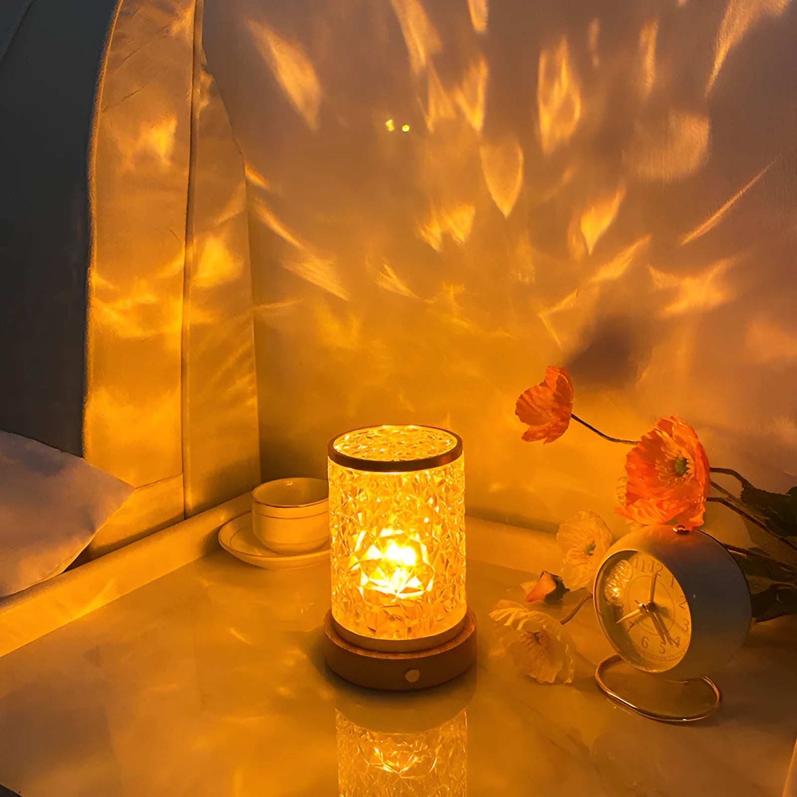 Small rotating water ripple night light with USB cable and touch control on solid wood base