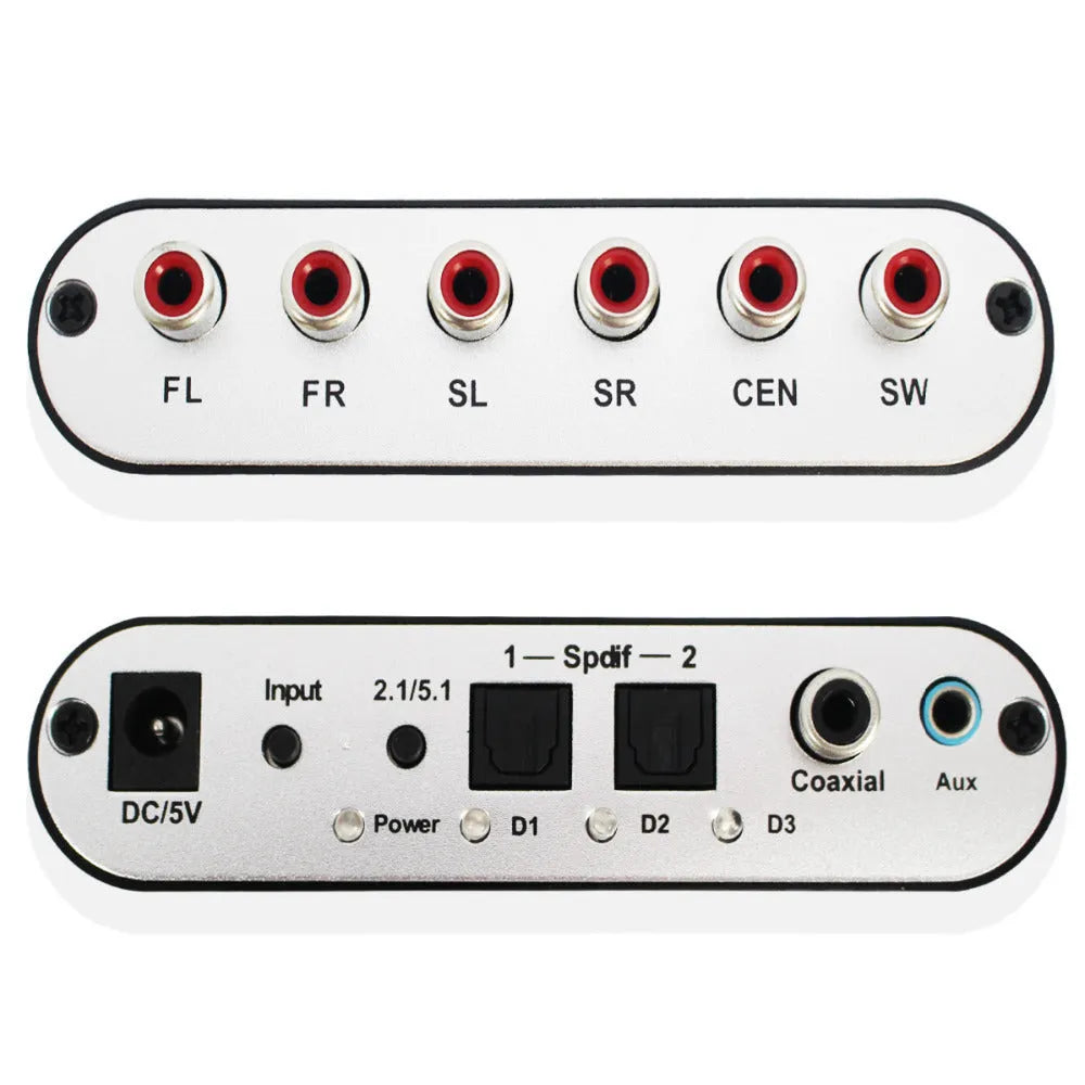 Black DTS Dolby Digital audio decoder with optical, coaxial, and analogue input ports on the rear panel.