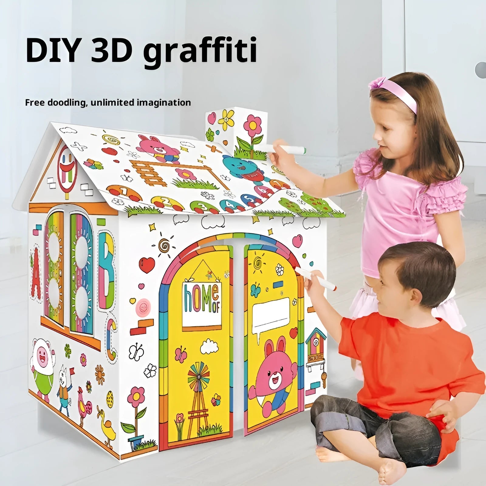 Paper DIY assembled 3D cartoon colour filling toy model featuring a Graffiti Castle theme