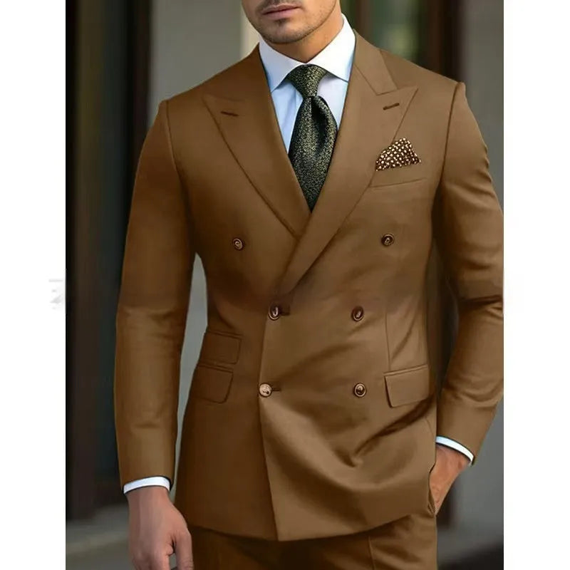 Men's light business two-piece suit set in a cotton blend fabric, available in multiple colours and sizes including 7XL.