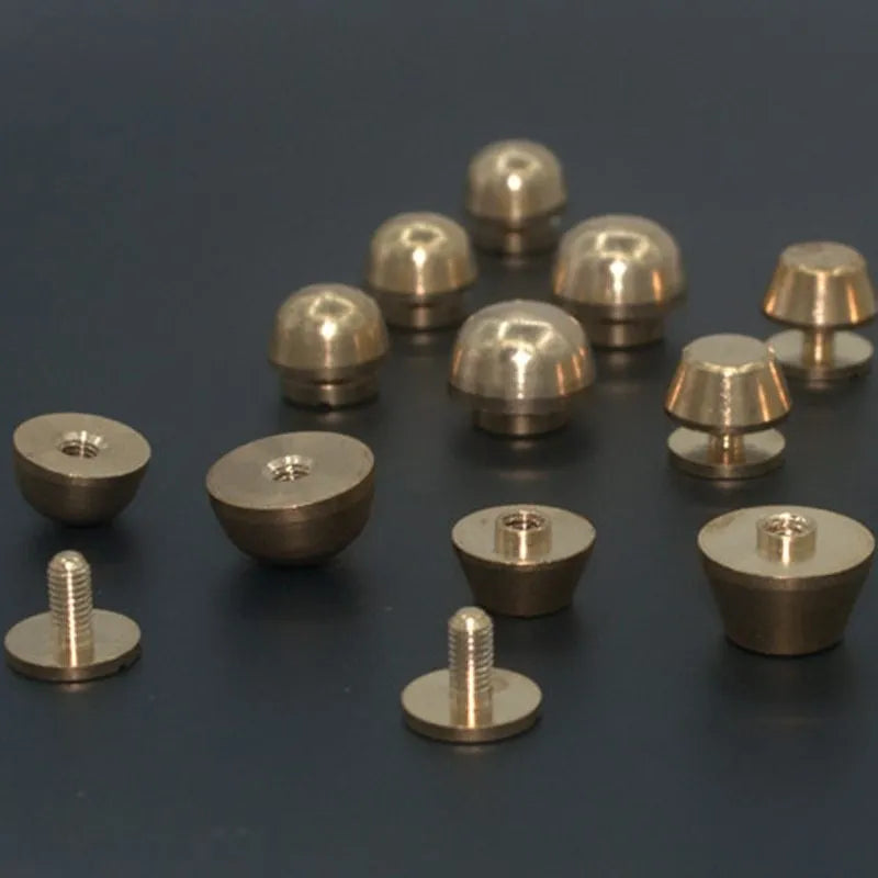 Brass decorative buckle foot nail accessories showing 10x6mm and 12x7mm sizes with round and bucket designs