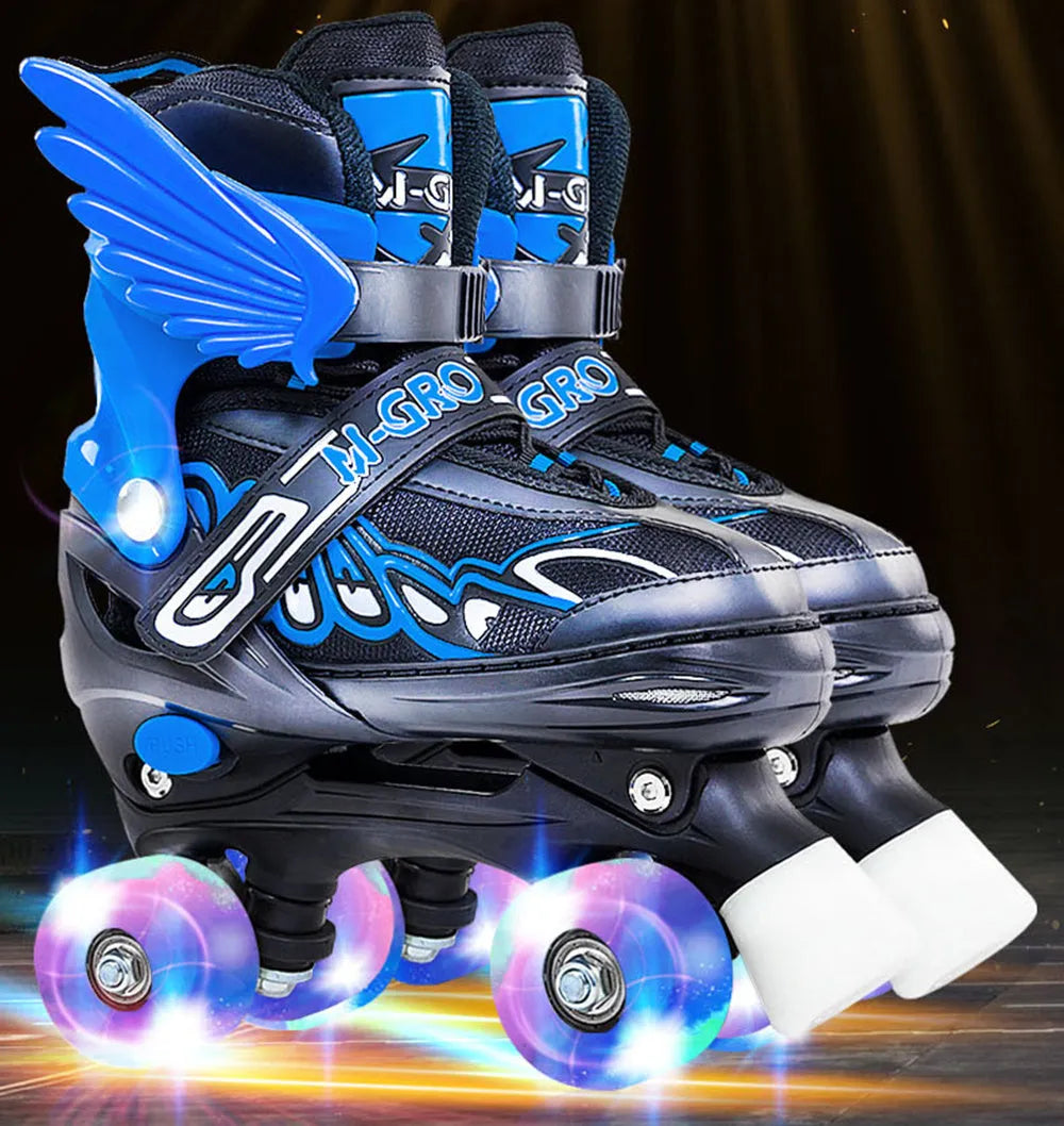 Children adjustable roller skates with 4 wheels, PP shell, PU wheels, ABEC-7 bearings, sizes S M L, blue pink red