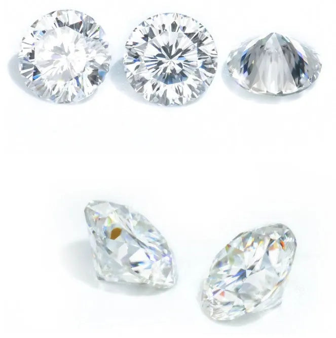 Round eight hearts and eight arrows cut moissanite loose stone on a grey background.