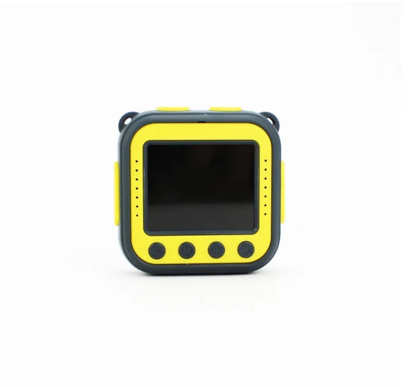 Yellow children's waterproof sports camera with LCD screen showing HD video recording capability