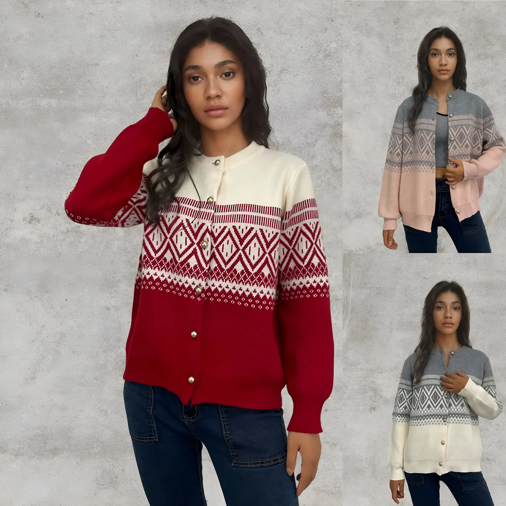 Grey alpaca wool women's cardigan with pink diamond knit contrast sleeves.