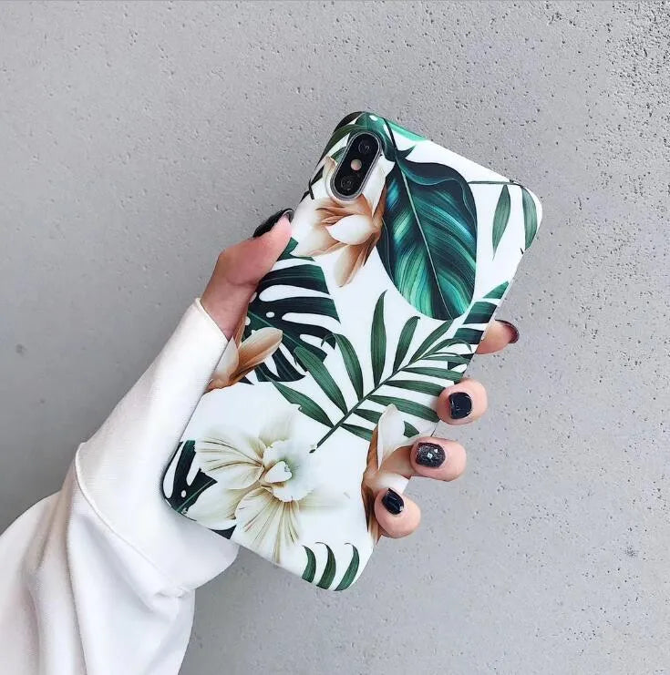 Compatible iPhone phone case with banana leaf floral design in TPU material for multiple iPhone models