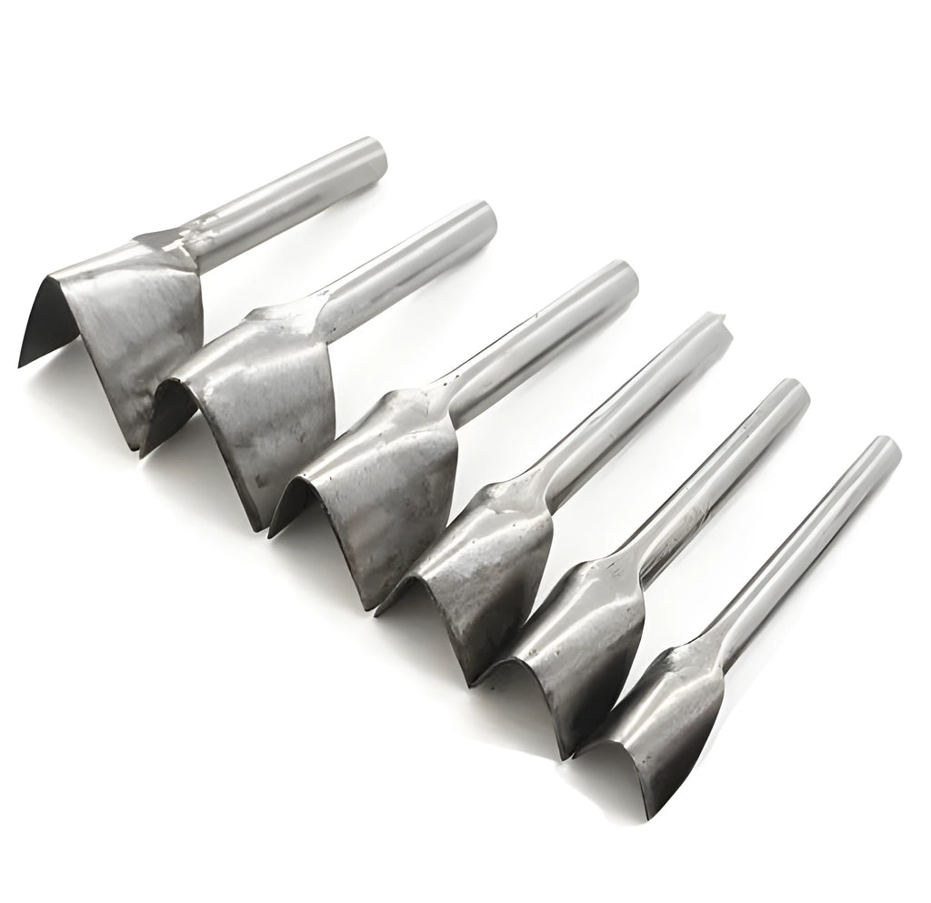 Six steel leather craft punch tools showing half-round and V-shaped profiles, sizes 15mm to 40mm.