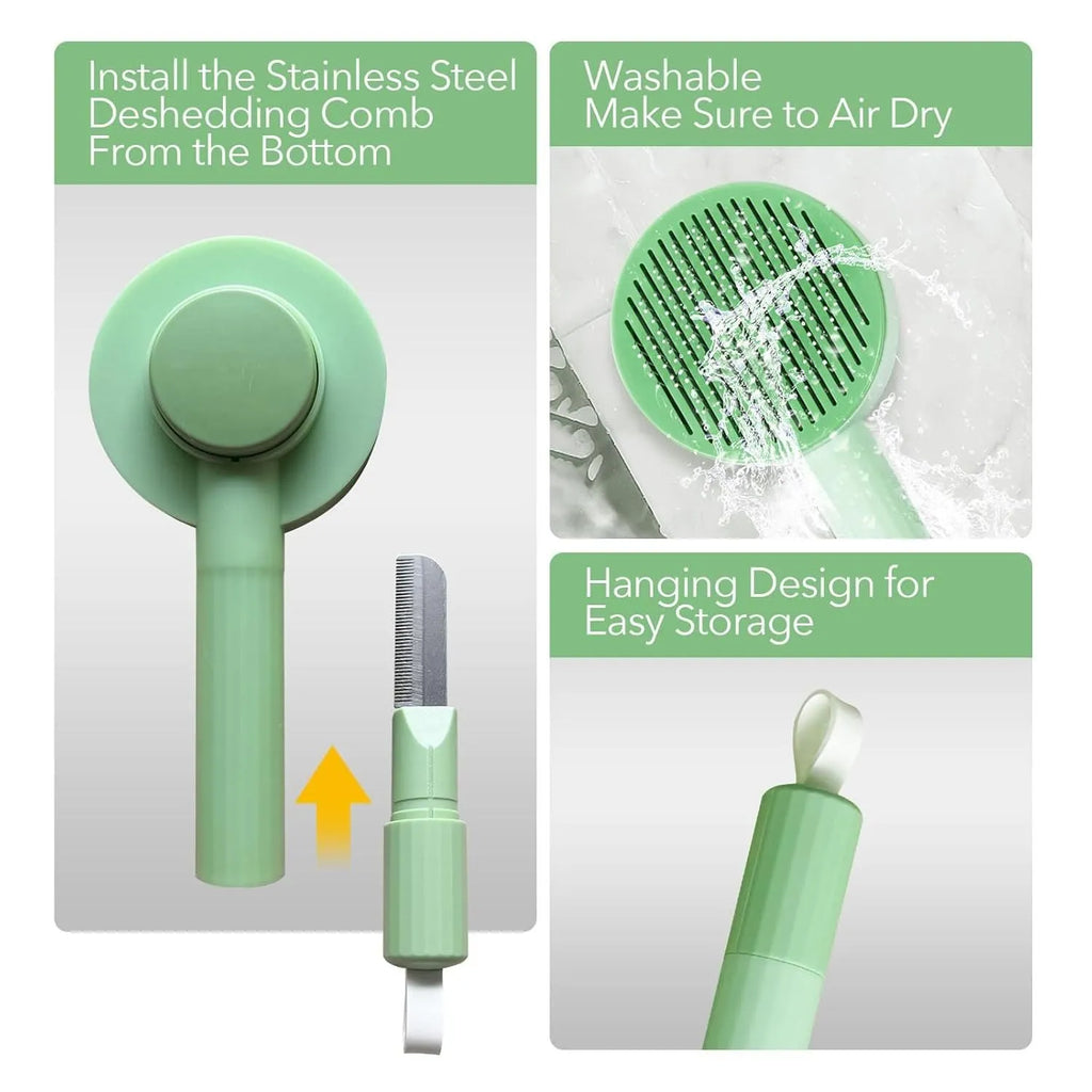 Green pet grooming brush with stainless steel teeth for deshedding cats and dogs